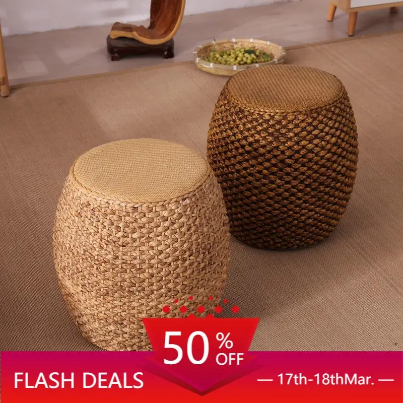 Rattan Solid Wood Low Stool Shoe Bench Retro Rattan Chair Round Small Stool Footrest Home B&B Sofa Coffee Table Stool