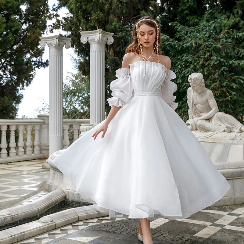 Princess Organza Wedding Dresses  Garden Strapless Removable Sleeve Robe De Mariage Bridal Gown Tea Length Vestido De Noiva