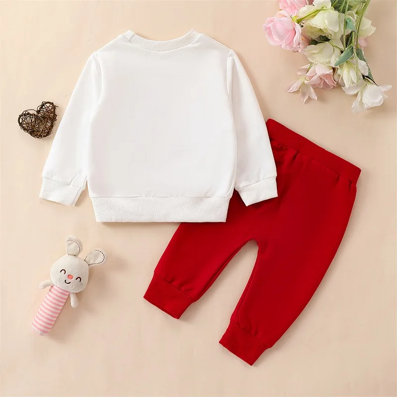 

Toddler Boy Valentine s Day Set with Heart Print Long Sleeve Top and Elastic Waist Pants for Fall 2 Piece Outfit for Baby