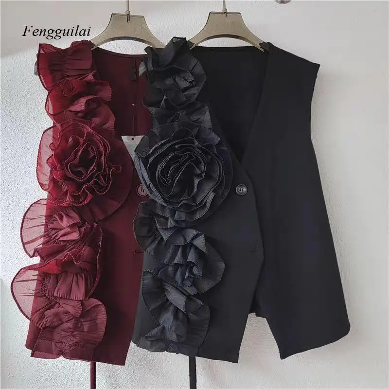 

Ретро-жилет с 3D цветочным декором и рюшами, женский, без рукавов, с V-образным вырезом, асимметричный, модный топ