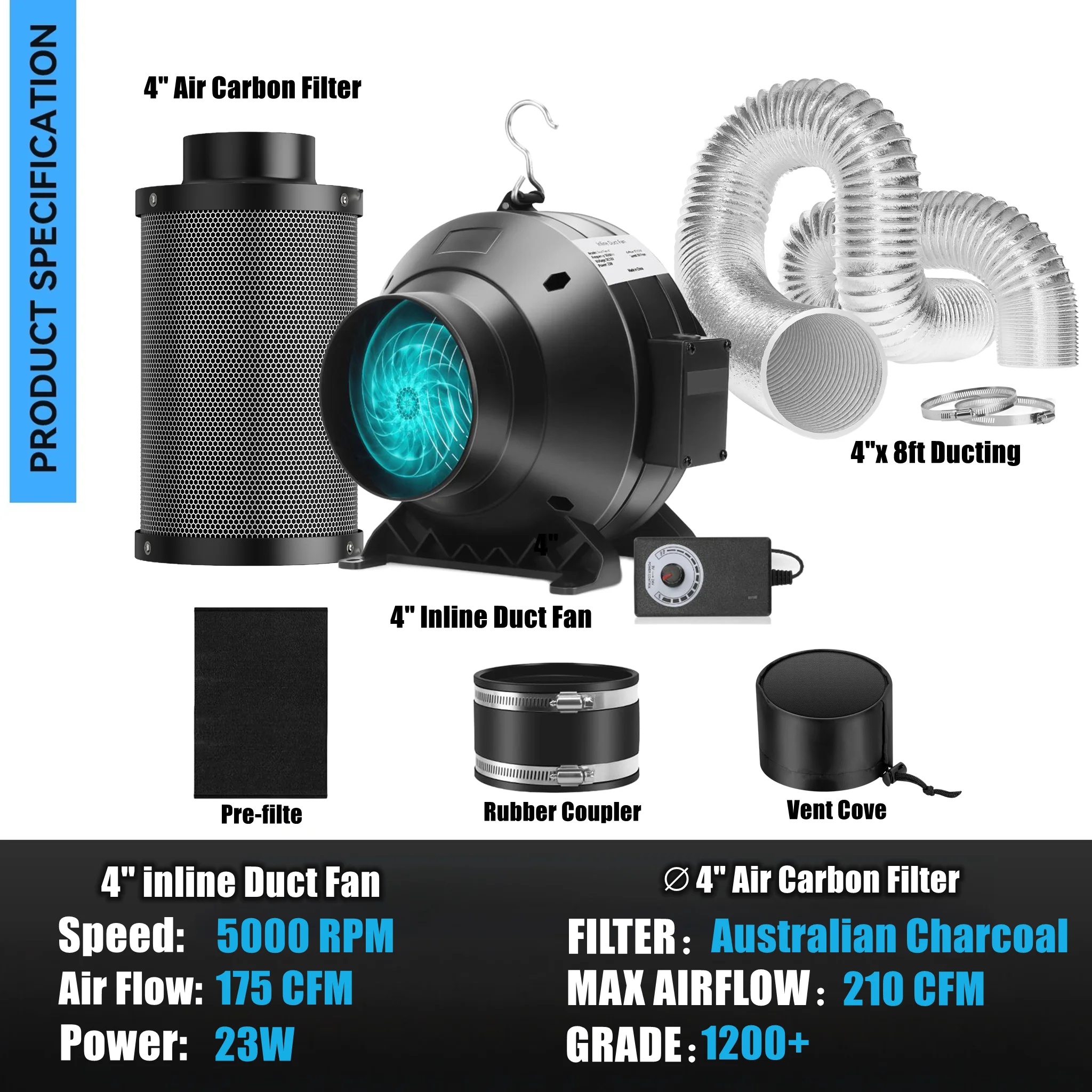 

ALPHAGROW Basic Filtration Ventilation For Grow Tent: 4" Carbon Filter & 4" Inline Fan with Speed Controller & 8 Ft Ducting