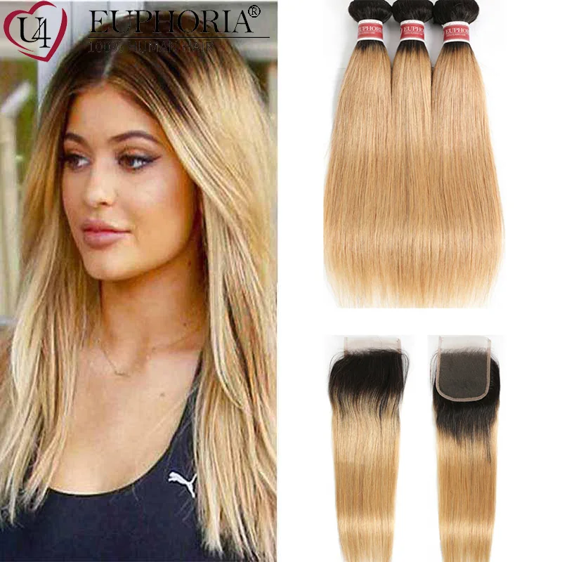 1b/27 Ombre Blonde Straight Bundles With 4x4 Lace Closure Hair Brazilian Human Hair 3 Bundles With Lace Closure Euphoria