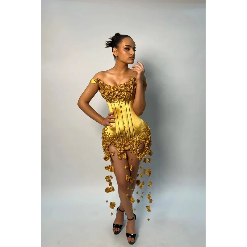 Gold Short Dresses with Floral Off Shoulder Boninig Prom Dresses Straight New Couture Pretty Flowers Prom Gowns Sexy Customized