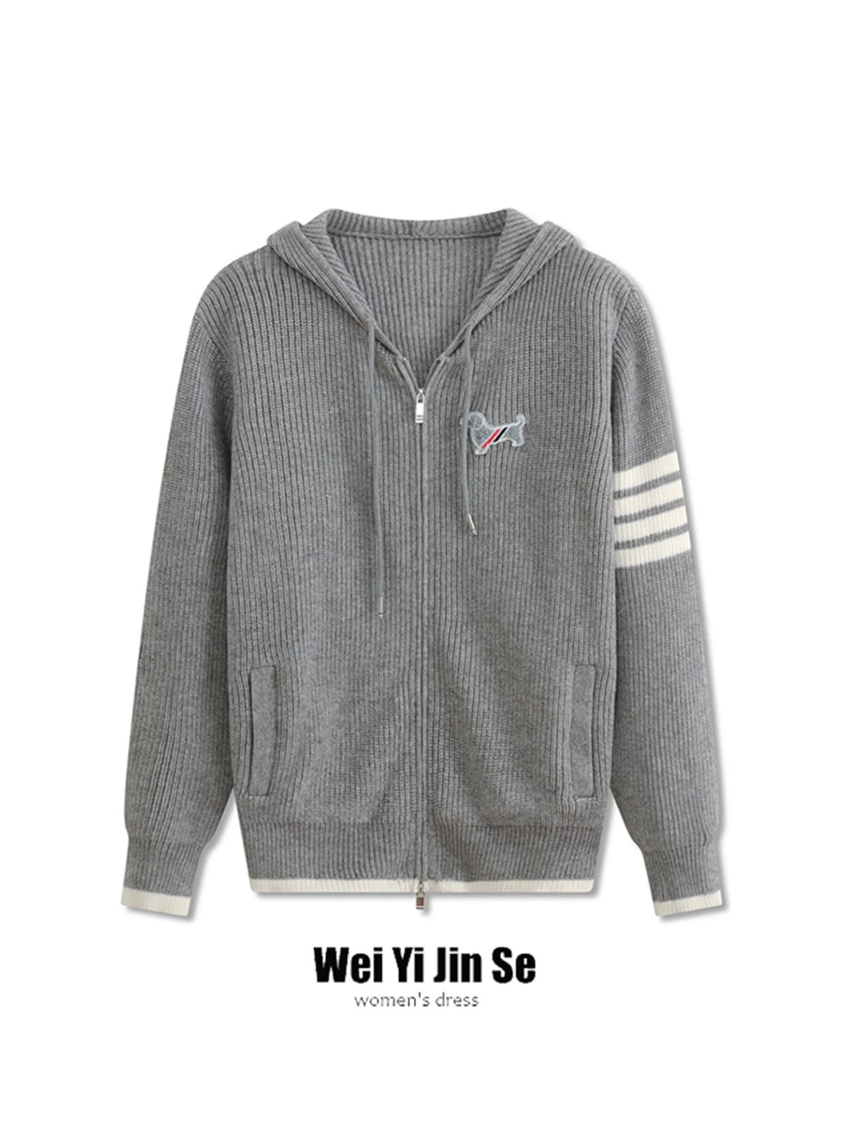 

Korean Sle Heavyweight Design Embroidered Dog Hooded Loose Knitted Zipper Cardigan Women's Slim Fit Faion Outerwear