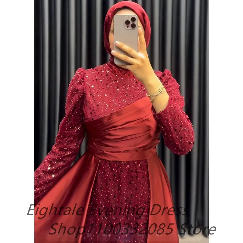 Eightale Burgundy Muslim Long Sleeve Sequin Evening Dress Abiye Scalf High Neck Dubai Prom Dress Formal Party Gown Vestidos