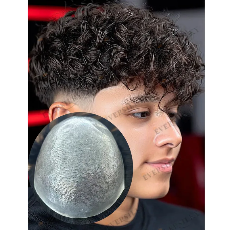 

Vlooped Natural Hairline 20mm Curly Human Hair European Men Toupee Durable Natural Hairline #210 #410 Brown Grey Hair System Wig