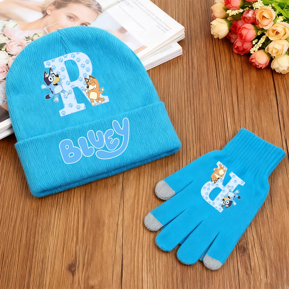 2PCS Blueys Knitted Hat Gloves Set Anime Bingo Letter A-Z Print Warm Accessories Boys Girls Beanies Gloves Birthday Xmas Gift