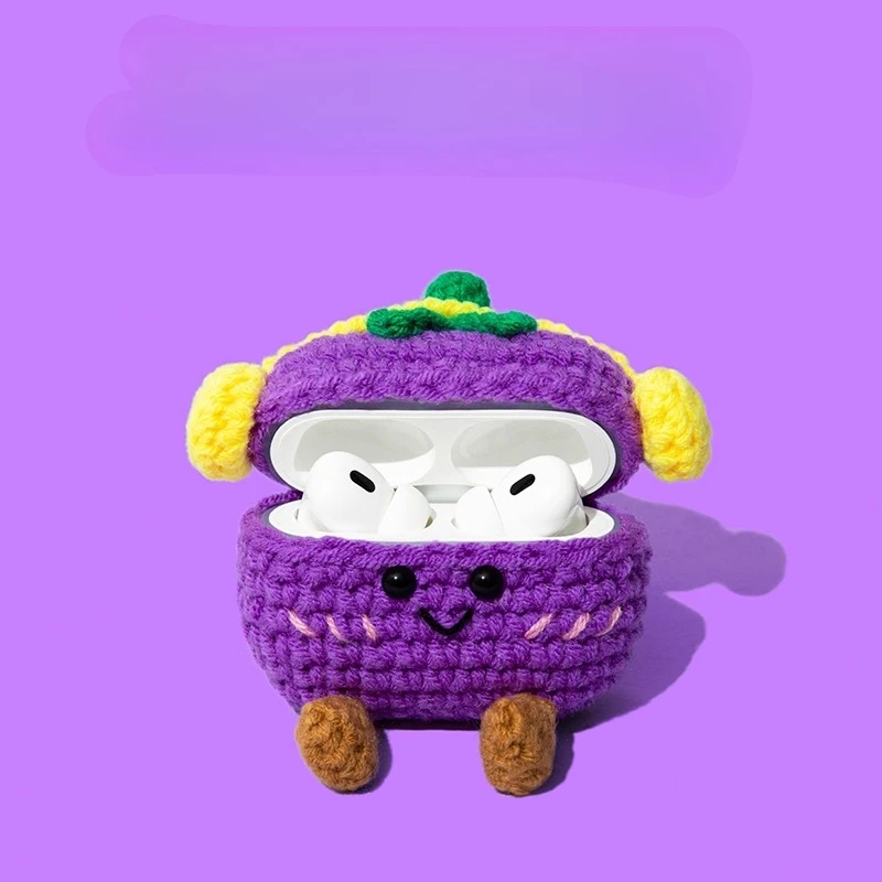 Eggplant wearing headphones | Cute niche | Knitting wool protective case | Best friend gift | for AirPods 1 2 3 4 Pro Pro2 ﻿