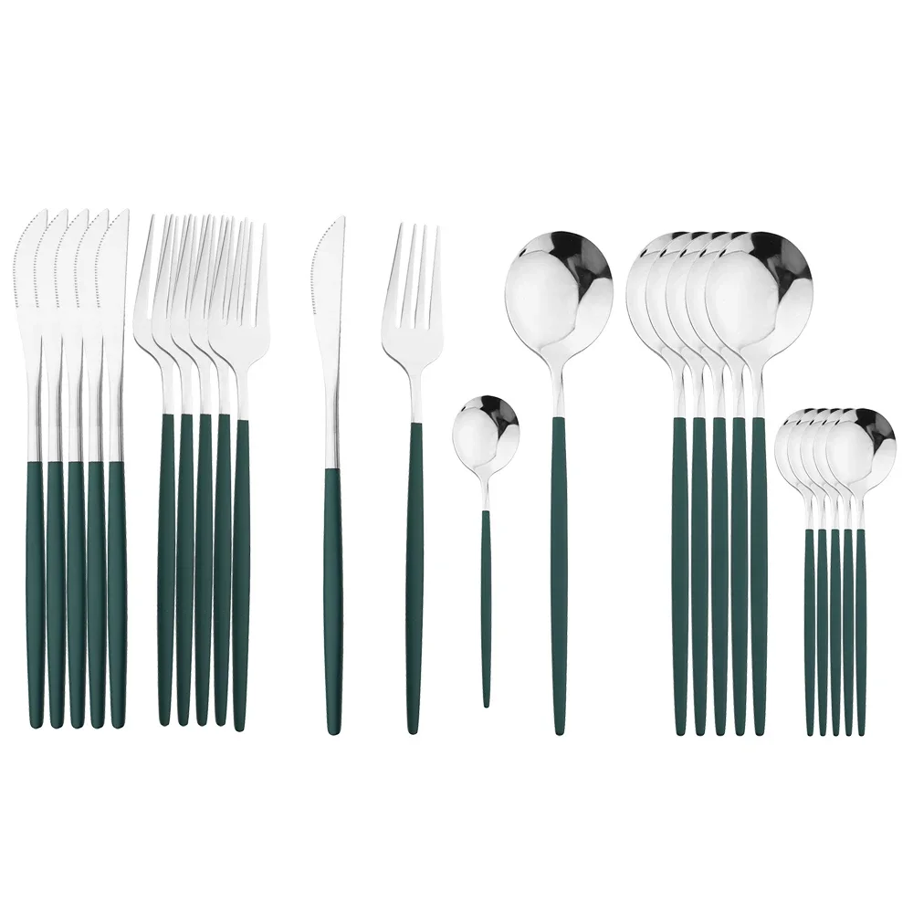 24Pcs Stainless Steel Dinnerware Set Kitchen Fork Spoon Knife Dinner Cutlery Set White Silver Western Flatware Tableware Set