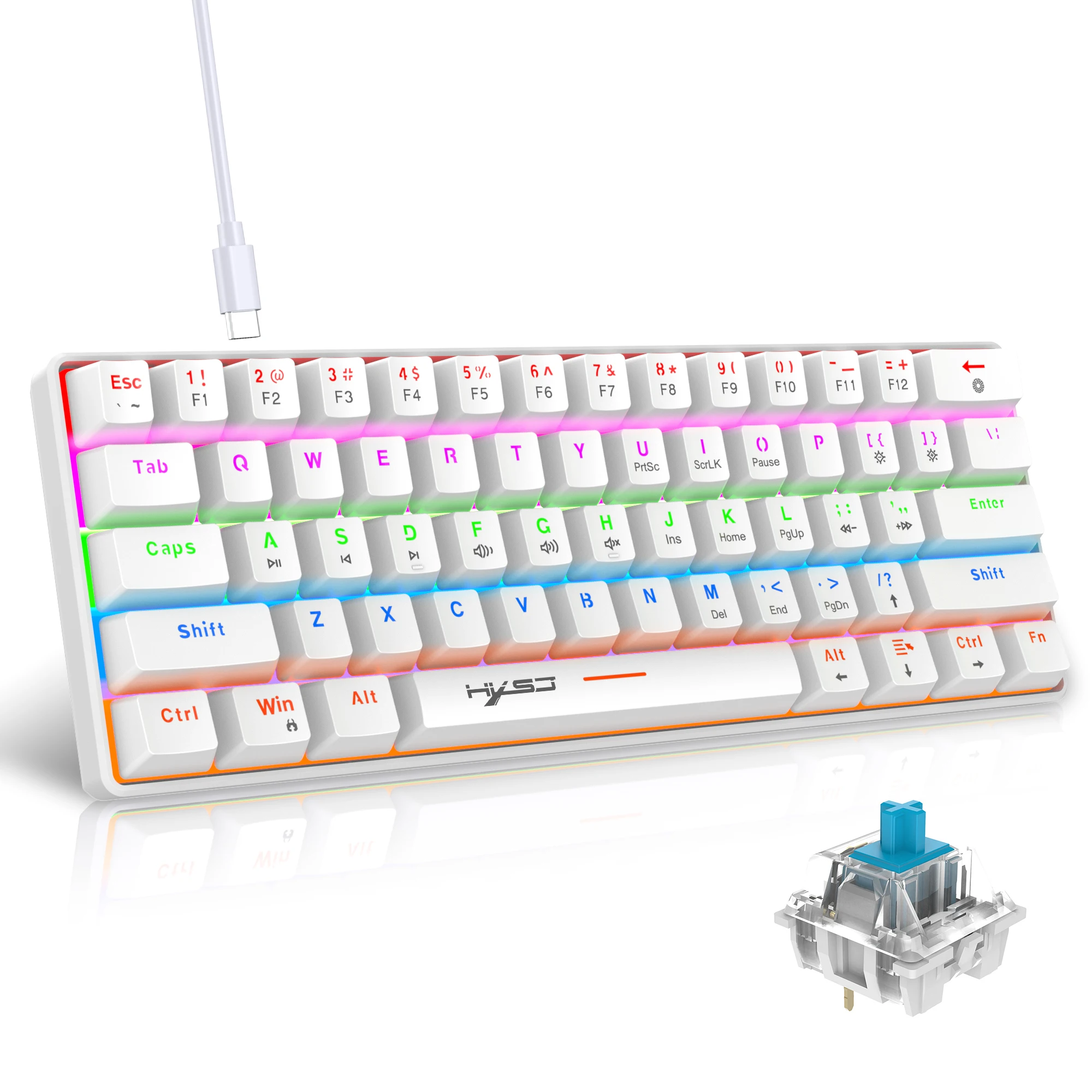 HXSJ Wired 60% Mechanical Gaming Keyboard, Blue Switch Anti-Ghosting 61 Key Keyboard with RGB Backlit and Ultra-Compact White