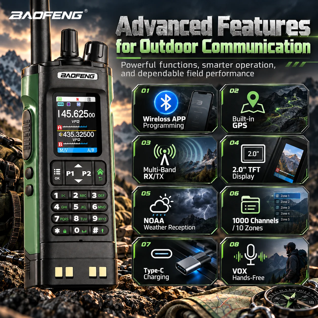 Baofeng UV-32 Two Way Radio 10W Multi-Band VHF UHF  GPS Bluetooth Program NOAA Weather Alert Type-C Charging