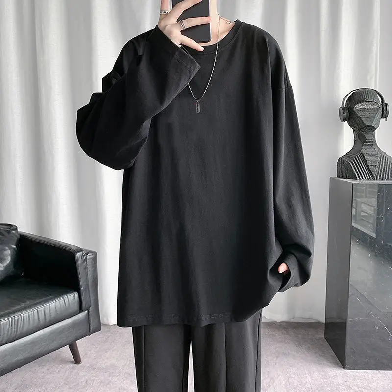 

Solid Color Long-sleeved T-shirt Men's Hong Kong Style Autumn New Korean Loose Trend I Winter Inner Base Shirt