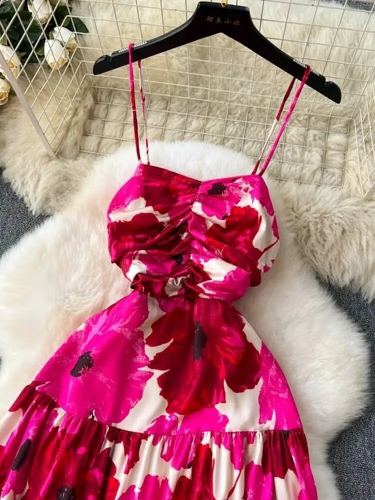 المرأة المطبوعة فستان طويل الصيف مطوي حمالة فساتين عطلة السيدات سليم ألف خط بلا أكمام الأزهار بوهو نمط رداء طويل