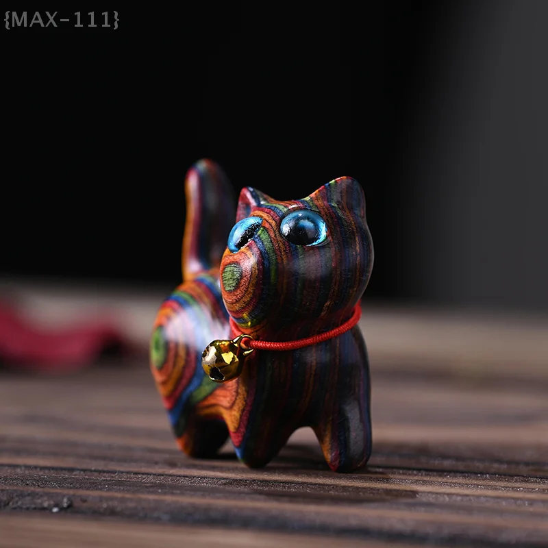 Regenbogen-Katzenskulptur mit Holzschnitzerei, bunte Katzenverzierung aus Holz für Büro-Schreibtischzubehör und Heimdekoration