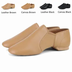 Genuine Leather/Canvas Jazz Dance Shoes Tan Black Twin Gore Slip On Jazz Shoes Oversize Dance Sneakers For Girls Women