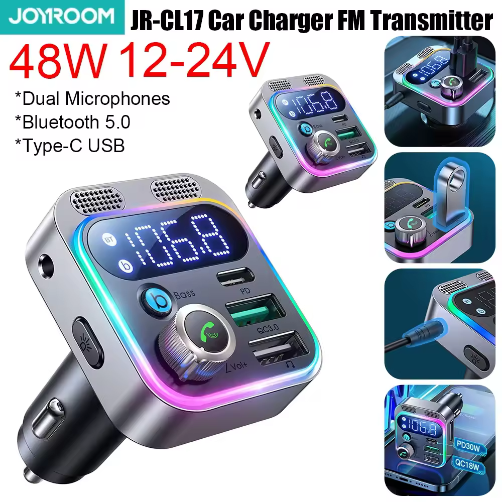 JOYROOM JR-CL17 48W Car Charger FM Transmitter Car Bluetooth 5.0 Charger FM Transmitter 12-24V Car Bluetooth FM Transmitter