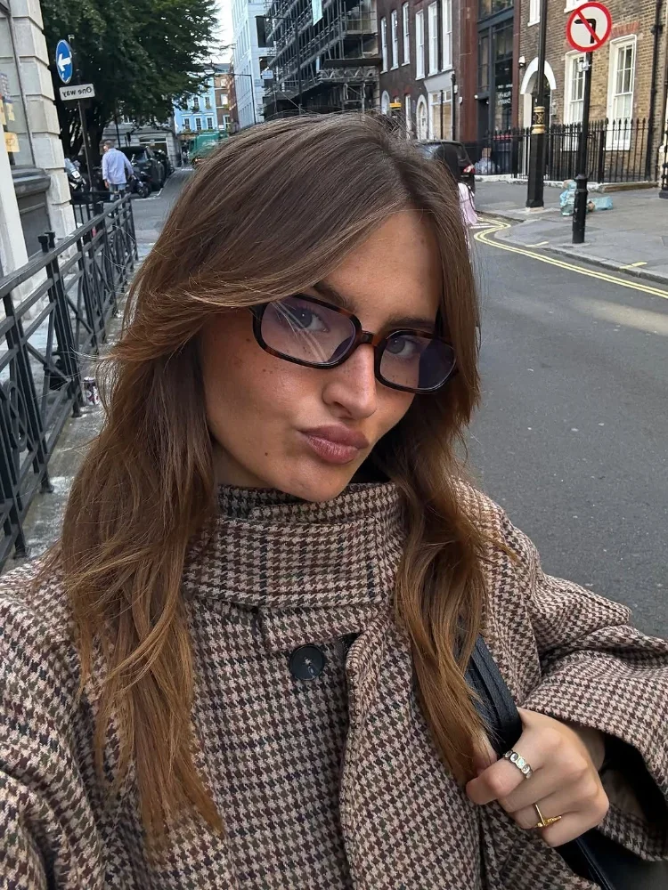 Turtleneck Short Checkered Coat Women Fashion Double Breasted Long Sleeve Outerwear 2025 Autumn Fash