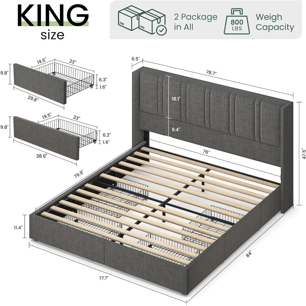 King Size Linen Upholstered Platform Bed Frame, Wingback Headboard & Storage Drawers & Wooden Parts, Customized view 3