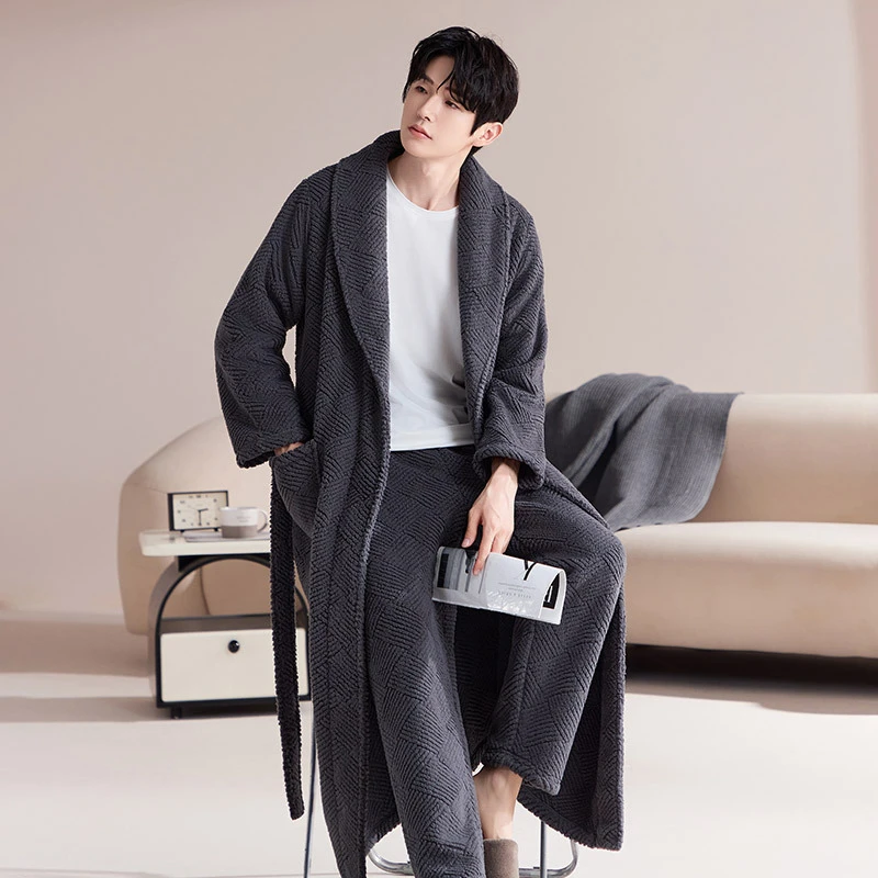 

Men's Winter Thick Coral Fleece Robes Pants Pajamas Sleepwear Women's Lapel Long Nightgown Home Clothes Bathrobe New Arrival