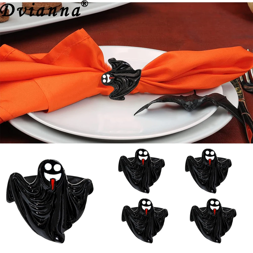 

6Pcs Black Halloween Napkin Rings Spooky Ghost Napkin Holders for Gothic Table Decor, Haunted Dinner Party, Witchy Dining Supply