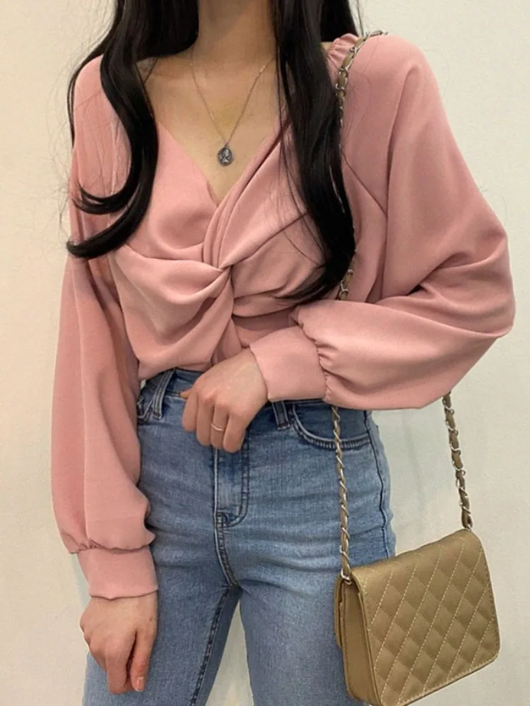 Chic Blue V-ne Bubble Sve irt Women's Loose Fit Knot Design Versatile Casual Top Spring Autumn Winter Faion