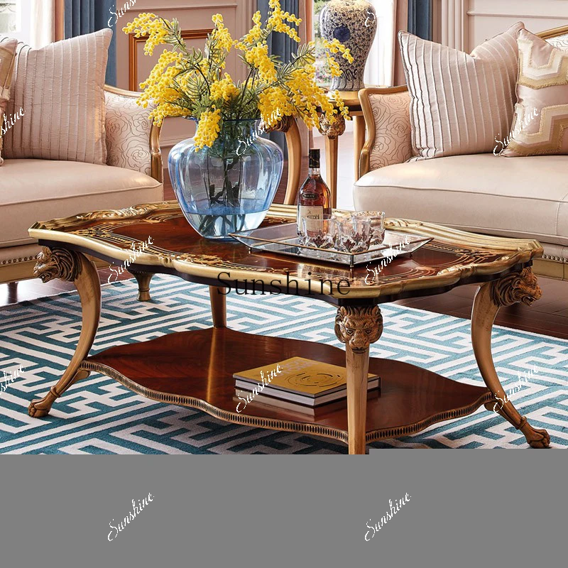Neoclassical French living room gold tea table solid wood carving storage pure copper