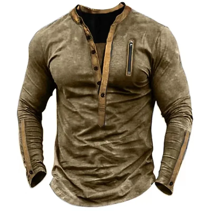 Spring Autumn Vintage Casual Loose Men Zip Pocket Pullover Splicing Men's Outdoor T-shirt Henley Collar Tactica Male Tops Shirts