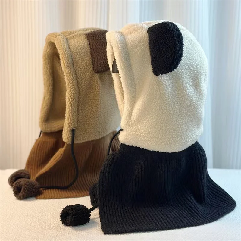 

Women Windproof Hooded Scarf Hats Skullies Cute Knitted Pullover Drawstring Balaclava Winter Warm Hat Ear Protection Beanie Caps