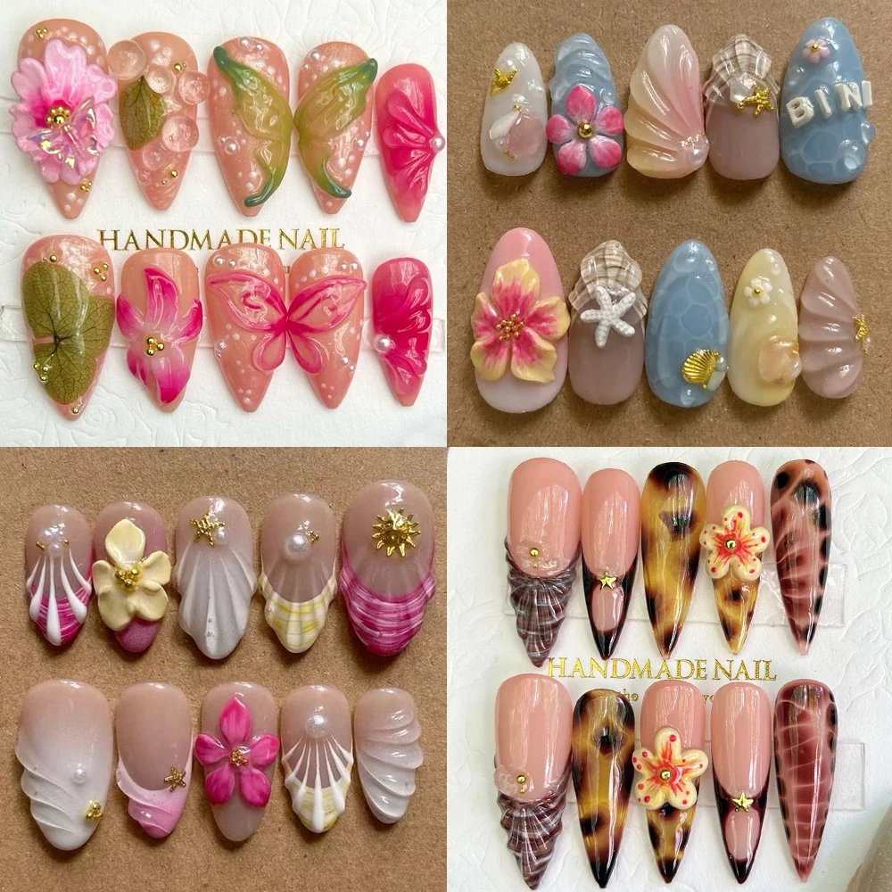 Handwork Almond Autumn Romantic 3D Flowers Press On Nails Art Glitter Shell Beach Crocodile Print Butterfly Fake Nails Sticker