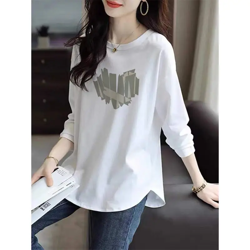 

Women's Clothing Solid Color White T-Shirt Long Sleeve O-Neck Slim Fit Comfortable Print Casual Shirt Stylish Top Female Wear
