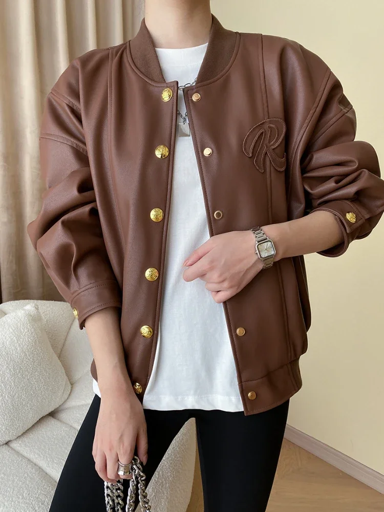 Casual Bomber Leather Jacket for Women Spring Autumn 2024 Trend Splicing Design PU Leather Motorcycle Jackets Streetwear