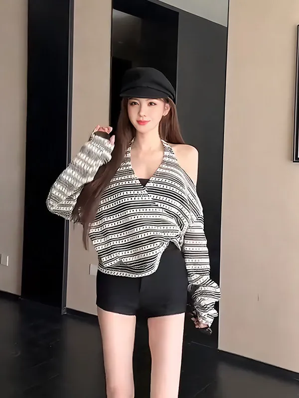 

Французский вязаный топ в полоску с V-образным вырезом, женский длинный свек, свободный крой, дышащий, удобный, зимний, новое поступление