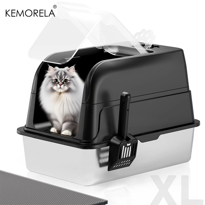 

Enclosed Stainless Steel Cat Litter Box Cat Litter Box with Lid Mat & Scoop High-Sided Metal Kitty Leak-Proof Tray For Big Cats