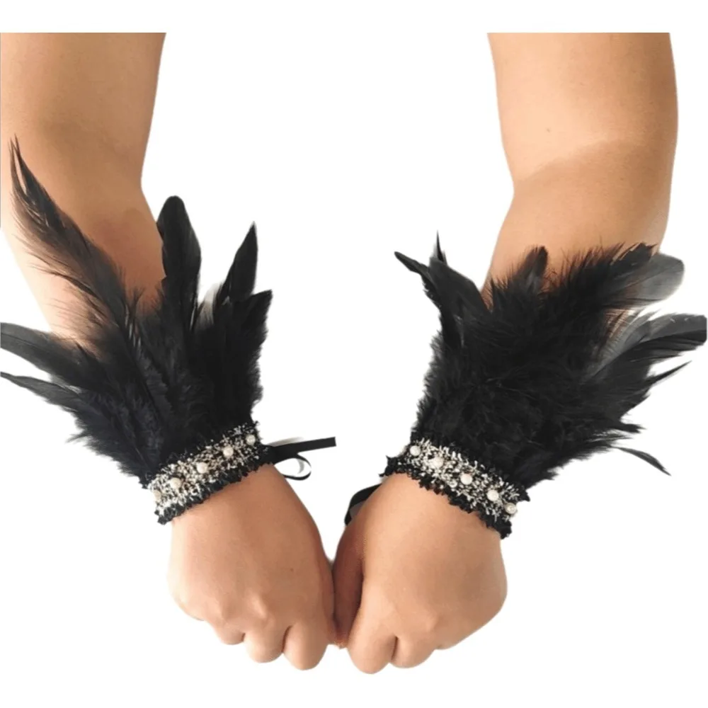 Vintage Lace Feather Wrist Cuffs Adjustable Lightweight Halloween Arm Cuff Fluffy Gothic Wristband Costume Prop