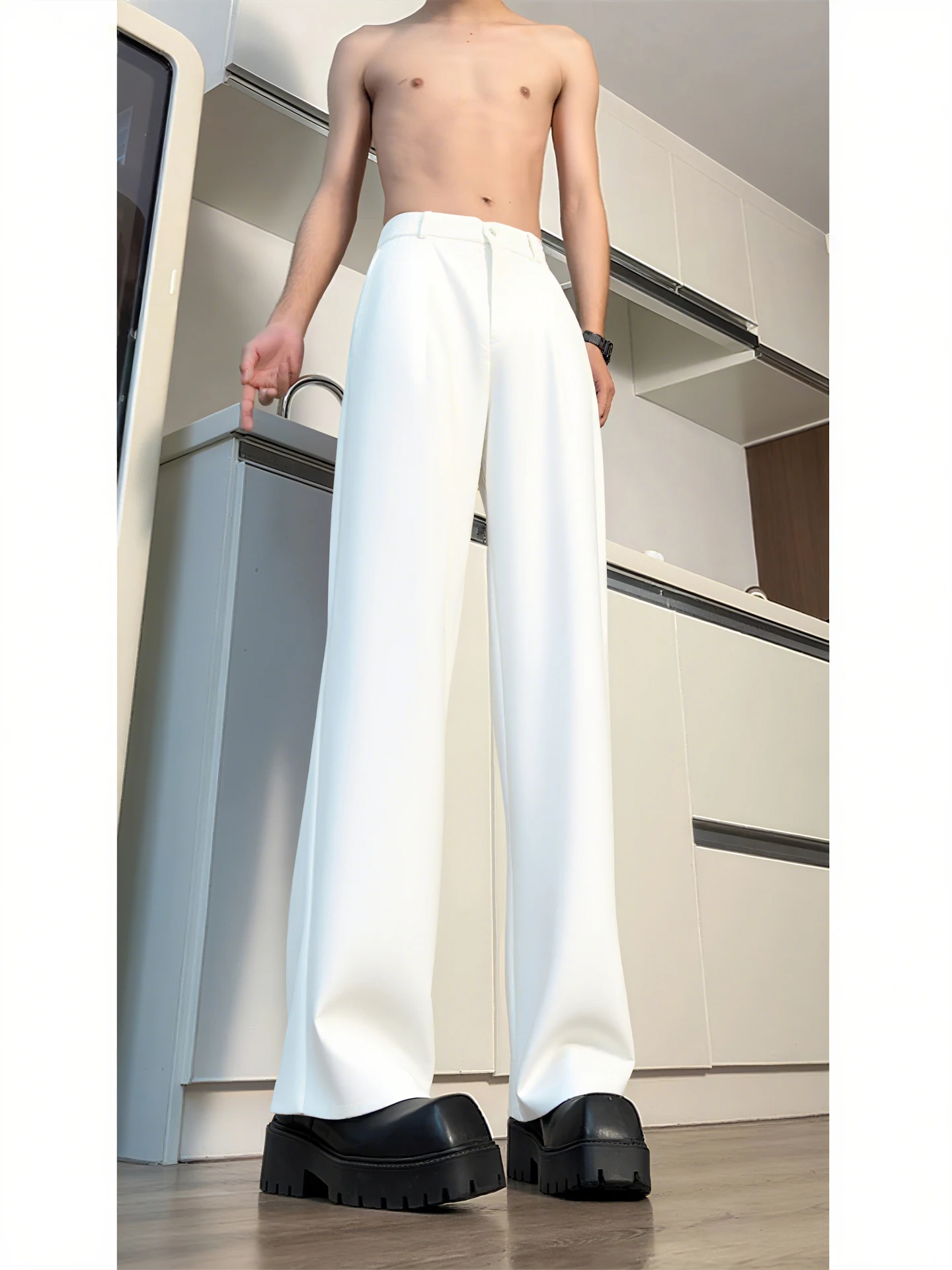 

Cleanfit High Waist Straight Leg White Pants Drapey Knife Trousers for Tall Men Casual Workwear Comfortable Straight Suits