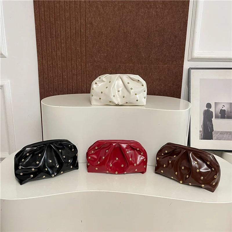 Simple Versatile Clip Evening Handbags for Women Solid Color Rivet Pleated Design Ladies Clutch Female Soft Pu Leather Purse