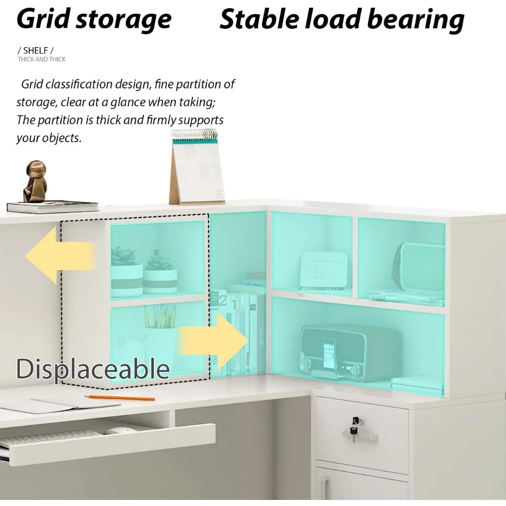 L Shape Reception Table with Open Shelf & Drawers, Wooden Computer Desk for Office Reception Room, White