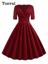 Tonval Sexy V-Neck High Waist Cotton Dresses for Women 2024 Autumn Half Sleeve Solid Plain Retro Vintage Party Midi Dress