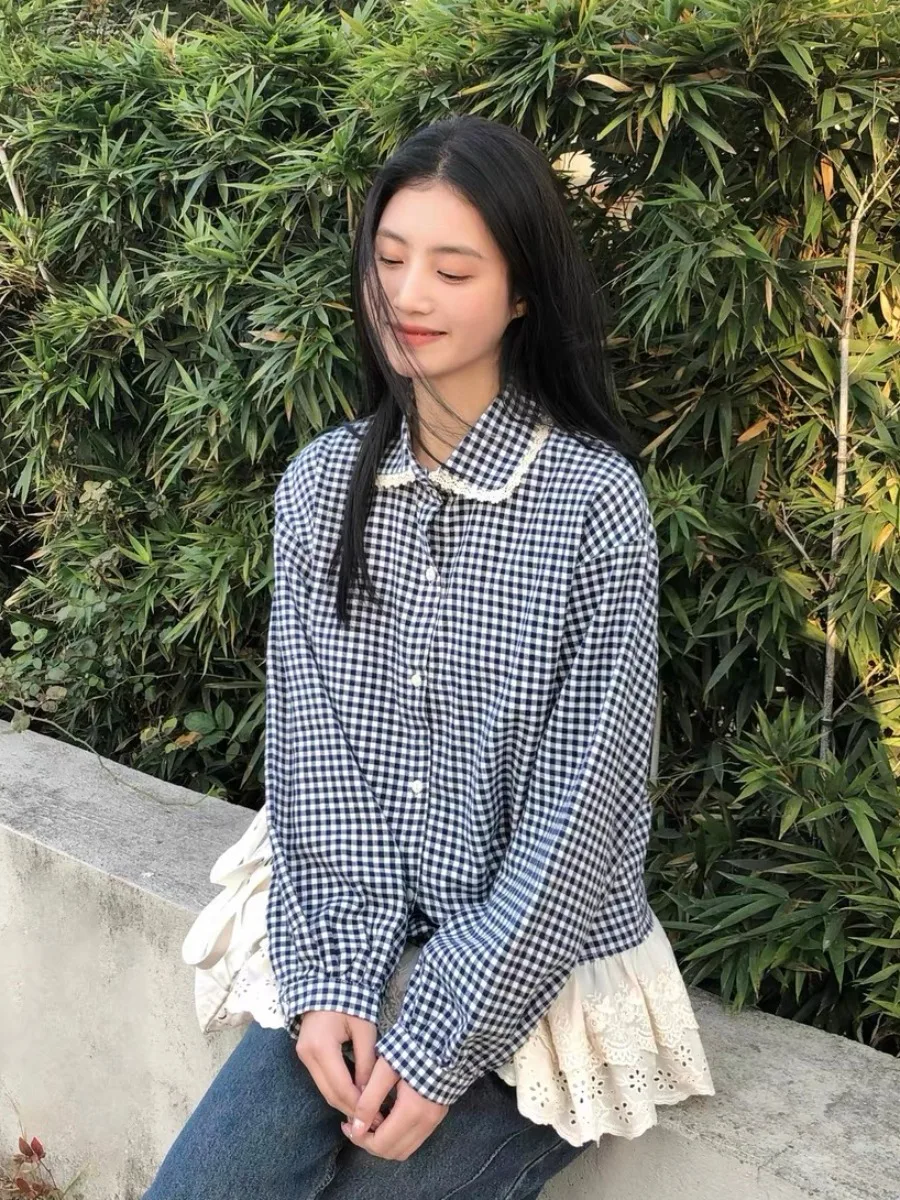 Doce coreano sle plissado xadrez solto gola de boneca feminino irt camadas topo idade-defng longo sve fibra de poliéster