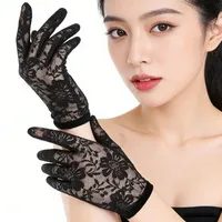 Floral Lace Short Gloves Solid Color High Elasticity Sun Protection Gloves Full Finger Breathable Mesh Wedding Dress Gloves 2