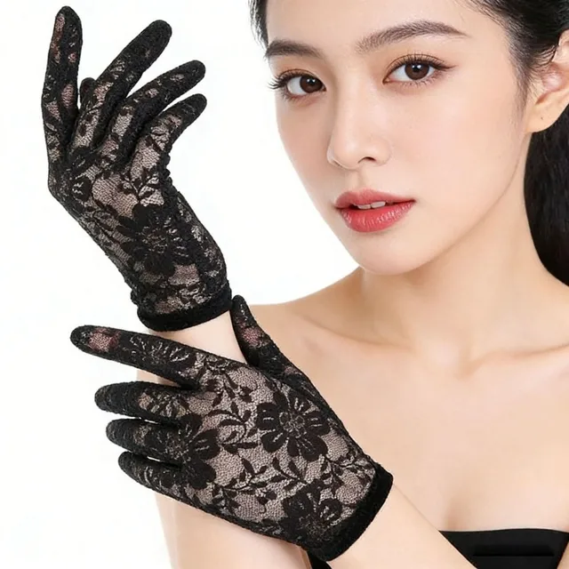 Floral Lace Short Gloves Solid Color High Elasticity Sun Protection Gloves Full Finger Breathable Mesh Wedding Dress Gloves 2