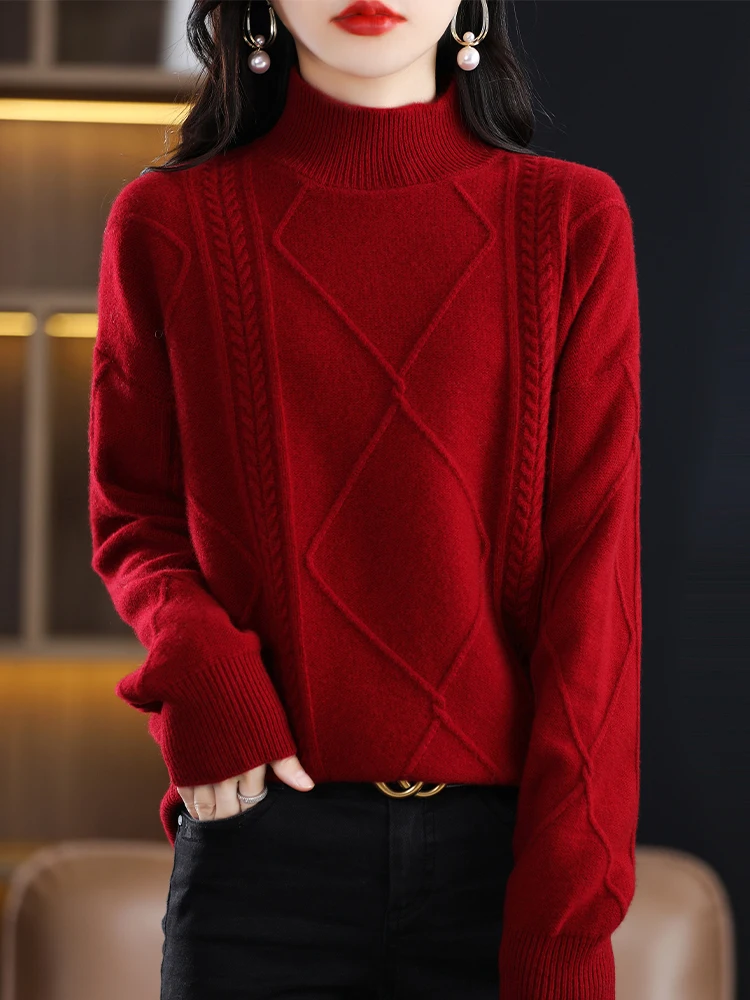 ADDONEE Women Cashmere Sweater Autumn Winter Mock Neck Cable Knit Pullover 100% Merino Wool Knitwear Soft Warm Clothing Korean