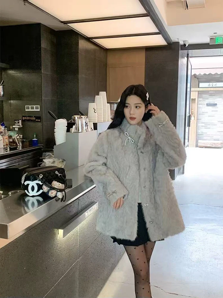 

Fake Fur Warm Jacket Women Korean Chic Bow Stand Collar Fur Coats Y2K Fashion Streetwear Single Breasted Hairy Outwear New