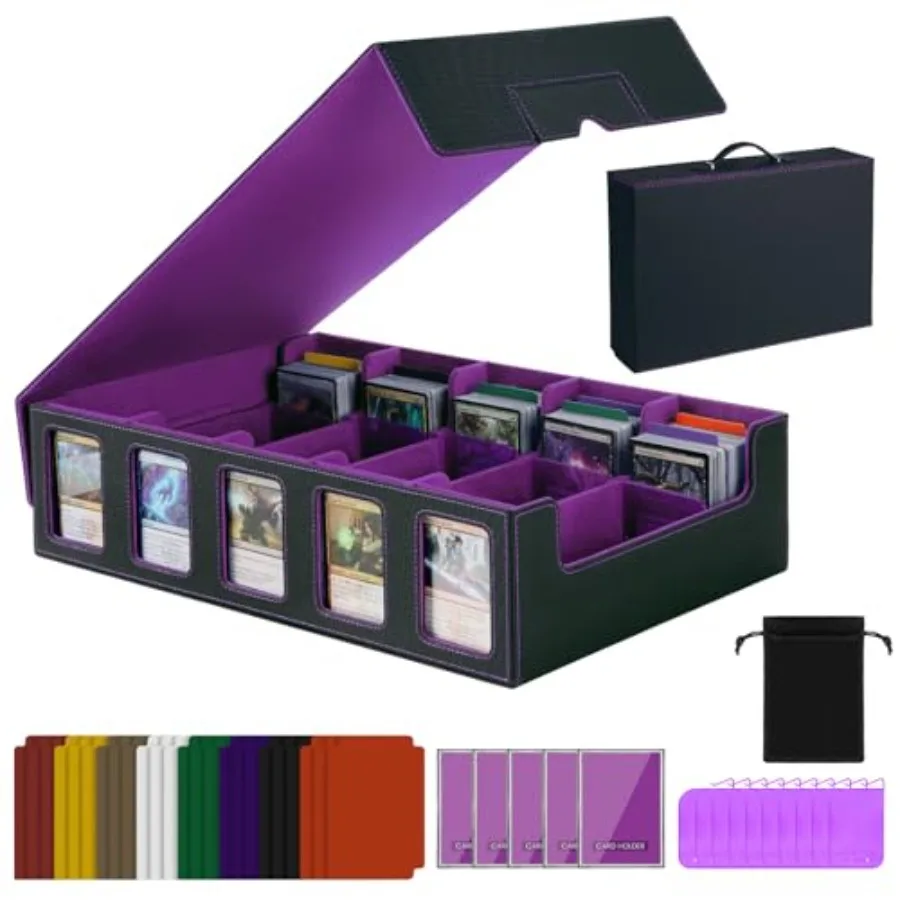 

Trading Card Storage Box with Handle5-Row Portable Leather Game Case for 4000+ Cards Card Collection Box with Commander Display