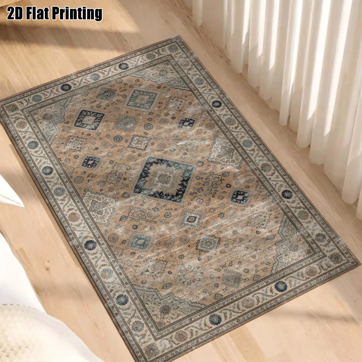1Pc 2D Printed Carpet: Warm Brown Navy Retro Floral, Vintage Bohemian Home Decor Rug, Multi-Size Machine Washable, for Entryway/Dining Room/Bedroom Etc