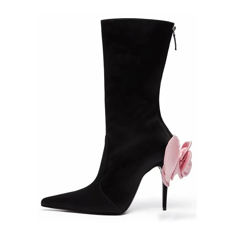 

Red Pink Rose Decor High Heels Ankle Boots Silk Flower Back Heels Pointed Toe Stretch Socks Boots Zipper Short Boots