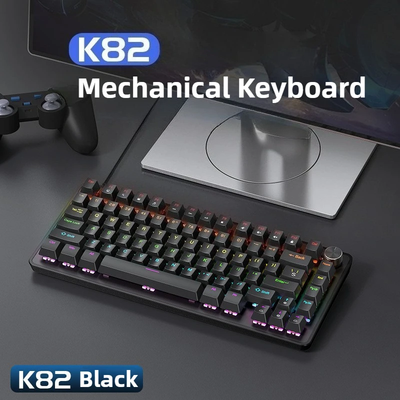 K82 Wired Mechanical Keyboard RGB Backlight Multi-functional Knob 82 Keys Layout Full Key Hot Swappable Keyboard for Windows Mac