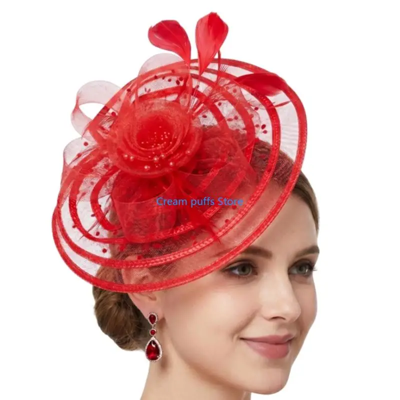 50LE Flower Derby Hat with Hair Clip Fascinator Headpiece For Women Formal Occasion