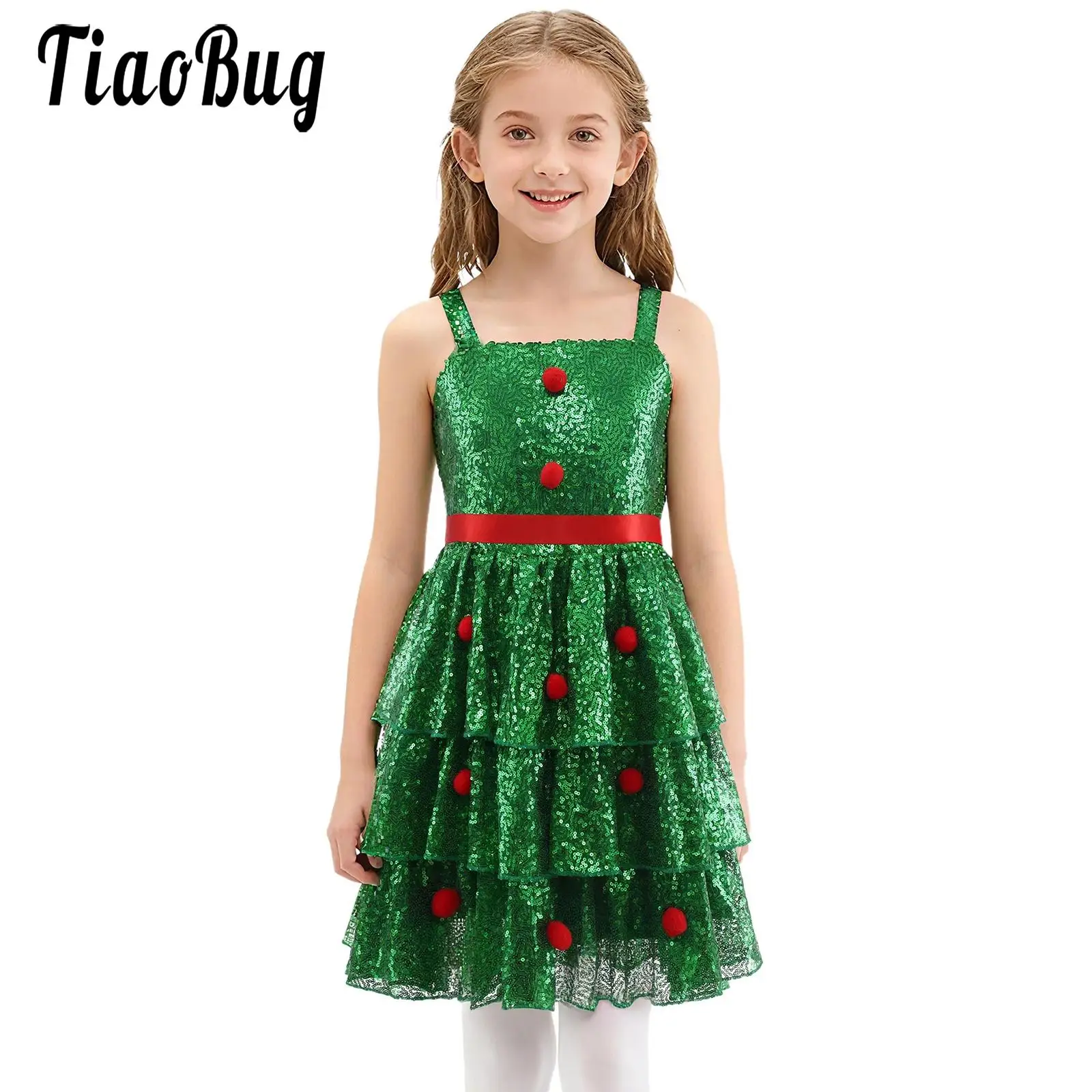 

Детское рождественское платье для девочек, наряды с блестками и помпоном, многослойное платье без рукавов на молнии с рюшами для фестиваля, семейного собрания