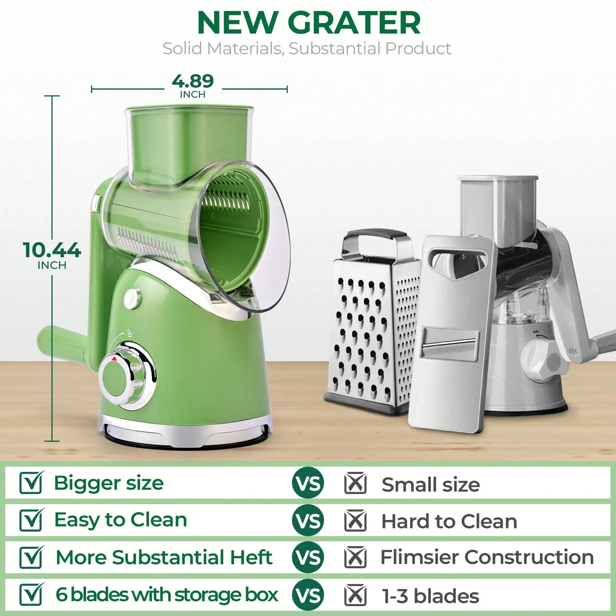 Rotary Cheese Grater with Handle Manual Vegetable Slicer 6 Interchangeable Blades Suction Base Kitchen Shredder for Fruit Vegetable Nut